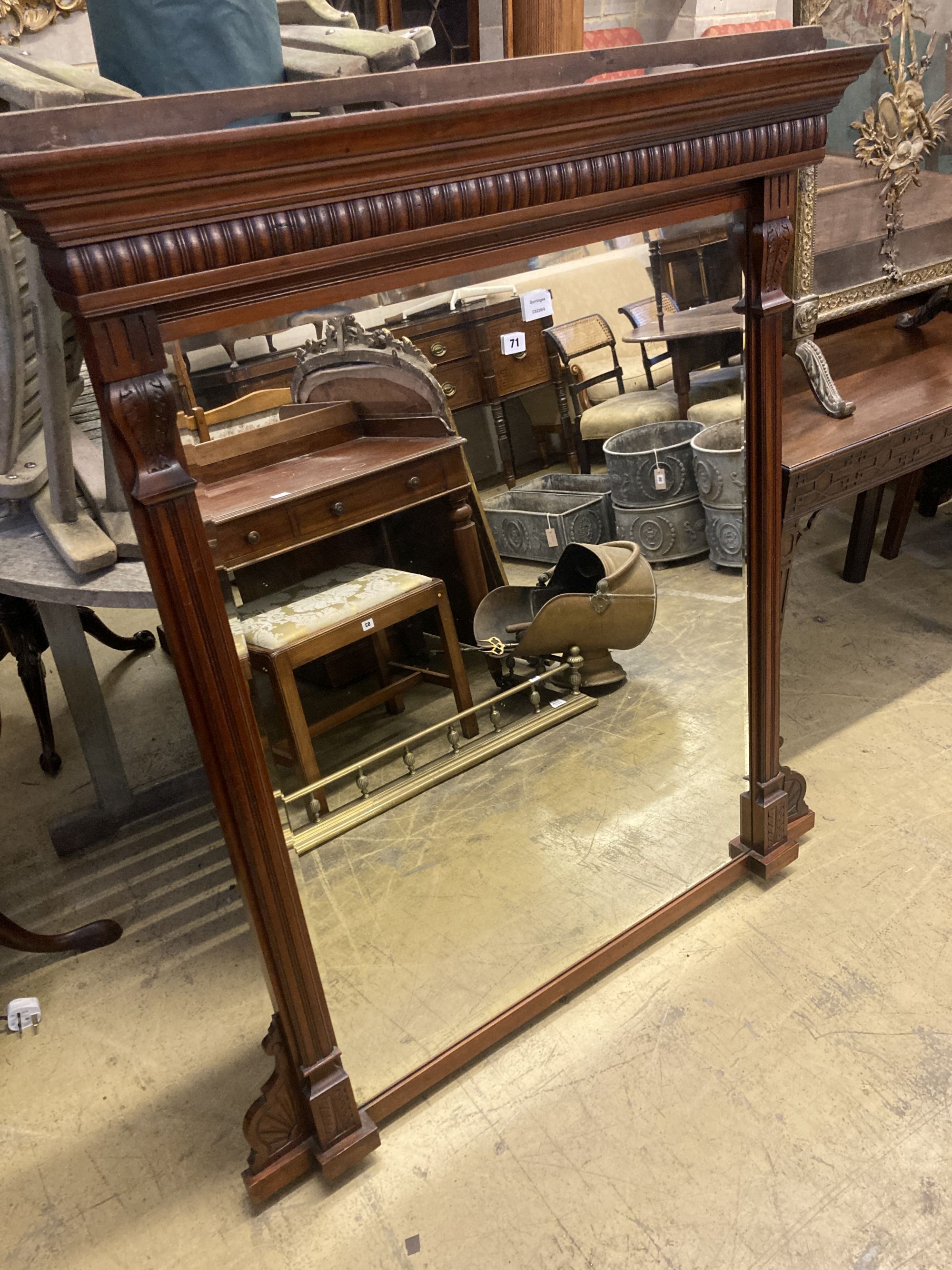 A late Victorian mahogany overmantel mirror, width 115cm, height 147cm